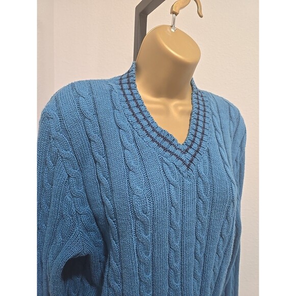 Vtg Brooks Bros Cable Knit Sweater Womens M Teal Blue V Neck Long Sleeve Classic - Picture 2 of 7